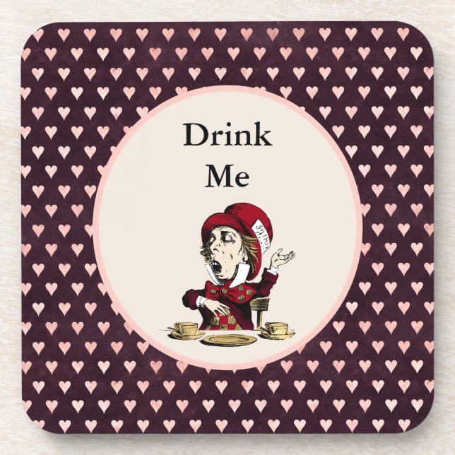 Burgundy Drink Me Mad Hatter Alice im Wunderland Getränkeuntersetzer (Vorderseite)