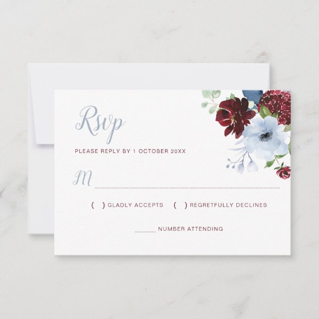 Burgundy Dusty Blue Blumenkarte RSVP (Vorderseite)