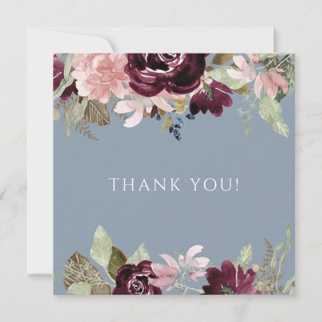 Burgundy Dusty Blue Elegant Blumenhochzeit Danke Karte (Vorderseite)