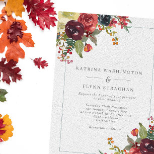 Burgundy & Dusty Blue Fall Floral Border Wedding Einladung