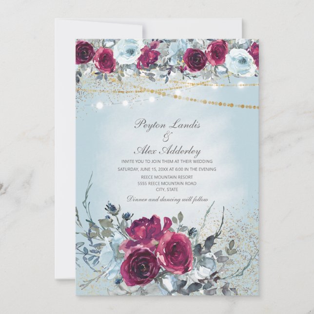 Burgundy Dusty Blue Floral Glitzer Wedding Einladung (Vorderseite)