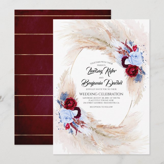 Burgundy & Dusty Blue Floral Pampas Grass Wedding Einladung (Vorne/Hinten)