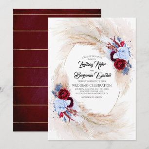Burgundy & Dusty Blue Floral Pampas Grass Wedding Einladung