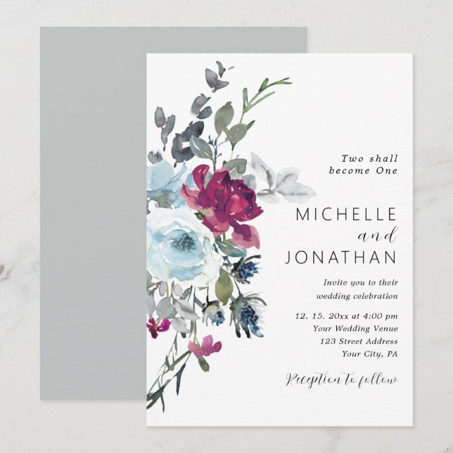 Burgundy Dusty Blue Rose Christliche Hochzeit Einladung (Vorne/Hinten)