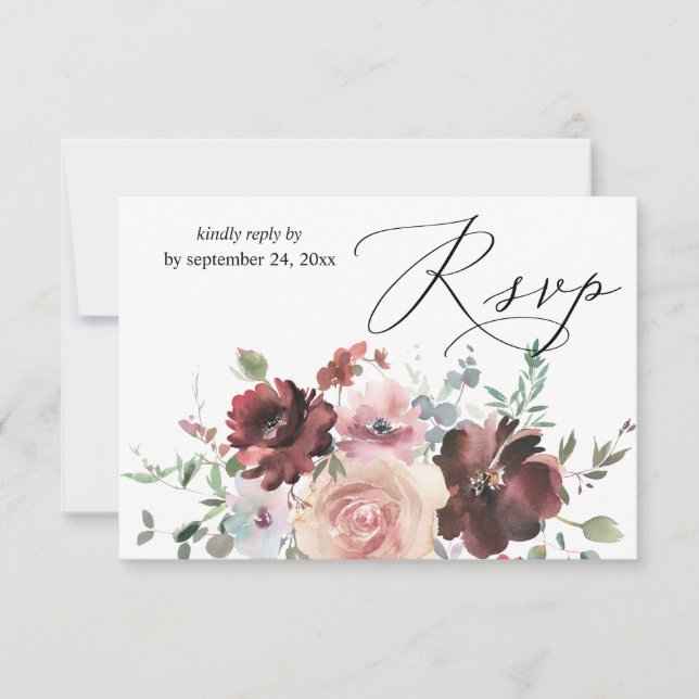 Burgundy & Dusty Blush Pink 5 Blüten mit Mahlzeite RSVP Karte (Vorderseite)
