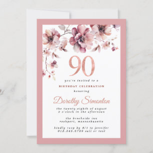 Burgundy Dusty Blush Pink Floral 90. Geburtstag Einladung