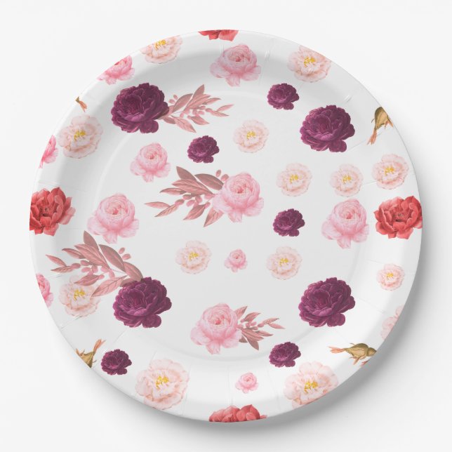 Burgundy Dusty Pink Bloom Baby Dusche Deluxe Pappteller (Vorderseite)