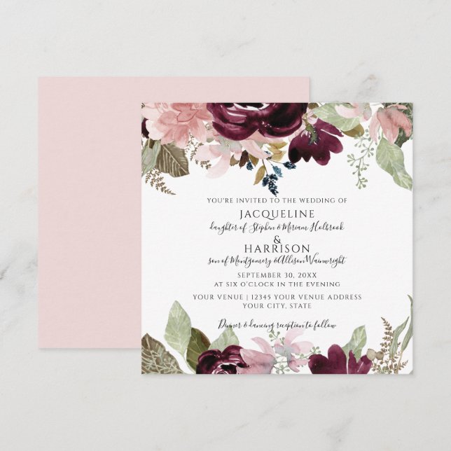 Burgundy Dusty Pink Floral Elegante Foliage Hochze Einladung (Vorne/Hinten)