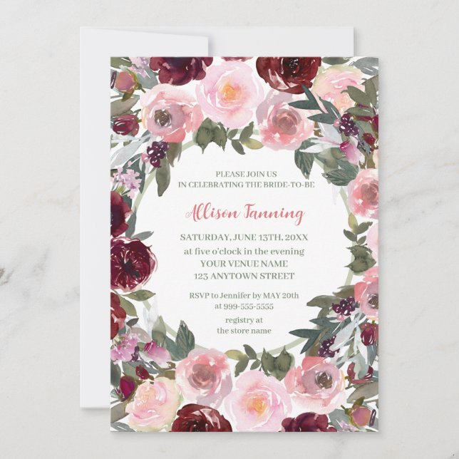 Burgundy Dusty Pink Rose Brautparty Einladung (Vorderseite)