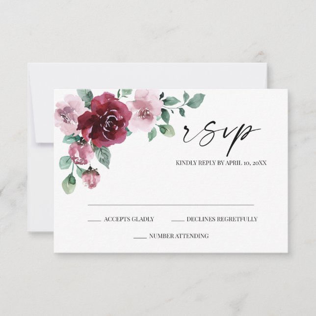 Burgundy & Dusty Rose Bloral Wedding RSVP Card Karte (Vorderseite)