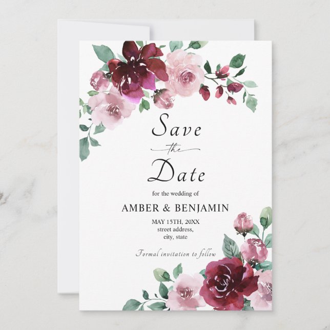Burgundy & Dusty Rose Blumenhochzeit speichern das Einladung (Vorderseite)