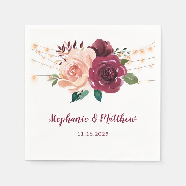Burgundy Dusty Rose Blumenlampen Hochzeit Serviette (Vorderseite)