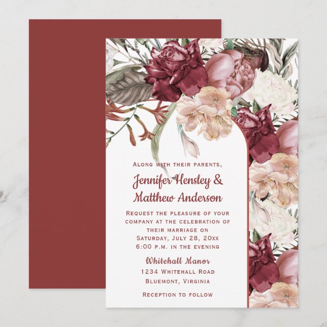 Burgundy Dusty Rose Elfenbein Peach floral Wedding Einladung (Vorne/Hinten)