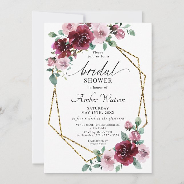 Burgundy Dusty Rose Floral Gold Foil Brautparty Einladung (Vorderseite)