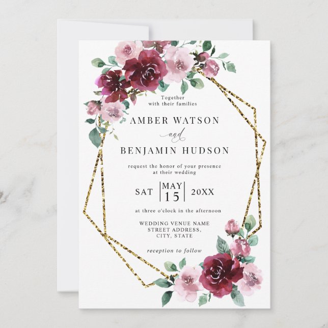 Burgundy Dusty Rose Gold Foil Bloral Wedding Einladung (Vorderseite)