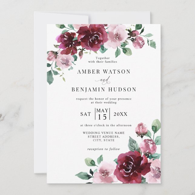 Burgundy & Dusty Rose Pink Floral Maroon Wedding Einladung (Vorderseite)