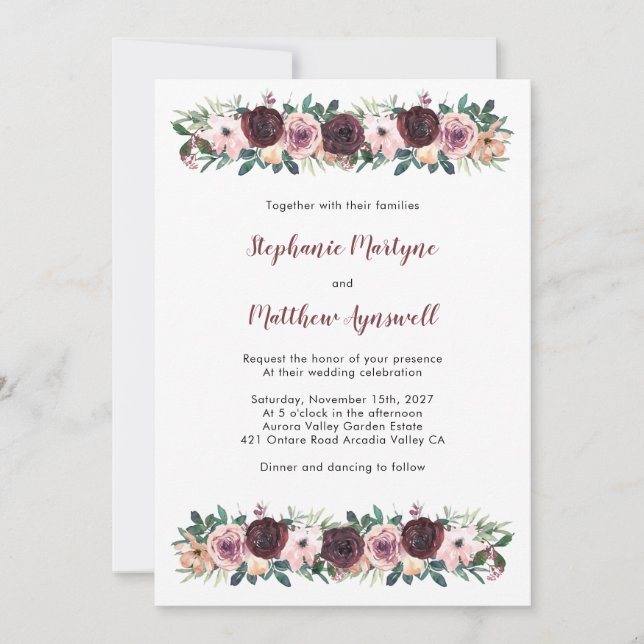 Burgundy Dusty Rose Wasserfarbenflorale Hochzeit Einladung (Vorderseite)