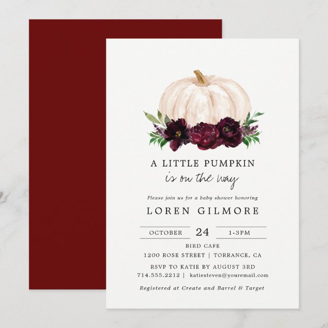 Burgundy eine kleine Pumpkin Baby-Dusche Einladung (Vorne/Hinten)