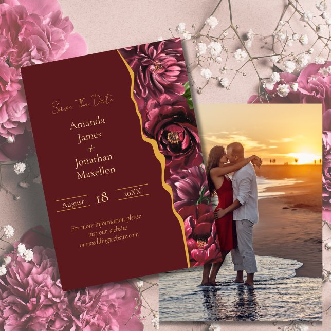 Burgundy Elegance mit Gold Custom Foto Wedding Save The Date (Von Creator hochgeladen)