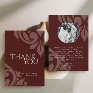 Burgundy Elegant Chic Damask Photo Wedding  Dankeskarte