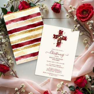 Burgundy Elegant Glitter Floral Cross Baptism Einladung