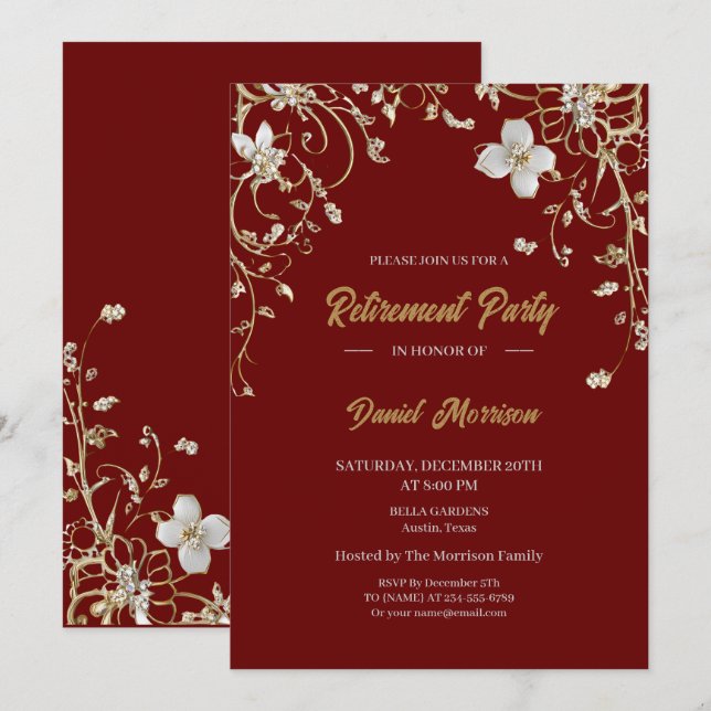Burgundy Elegant Gold Floral Frame Retirement 2025 Einladung (Vorne/Hinten)