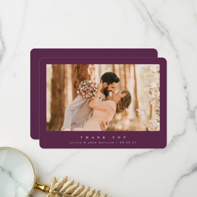 Burgundy Elegant Minimal Single Foto Hochzeit Dankeskarte (Vorderseite/Rückseite Beispiel)