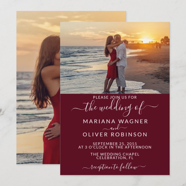 Burgundy Elegant Script Foto Wedding Einladung (Vorne/Hinten)