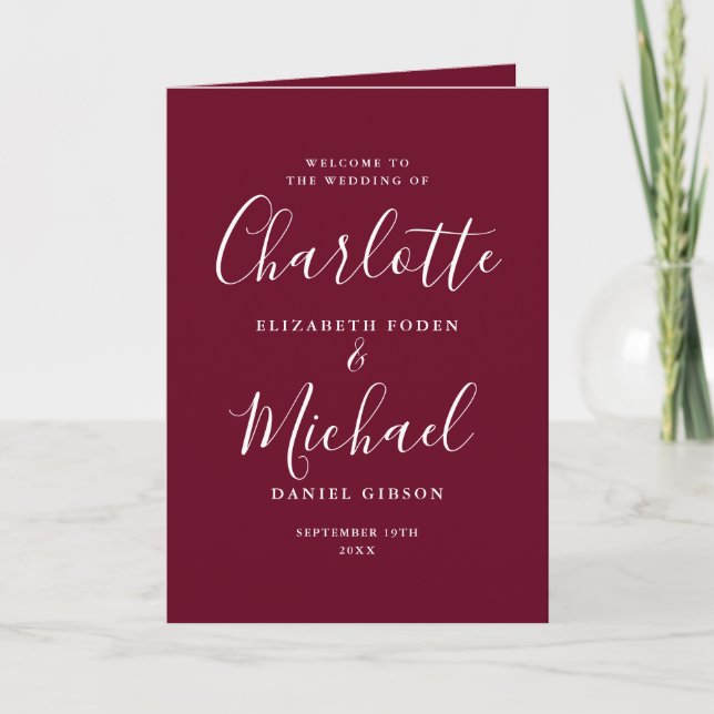 Burgundy Elegant Signature Script Hochzeit Programm (Vorderseite)