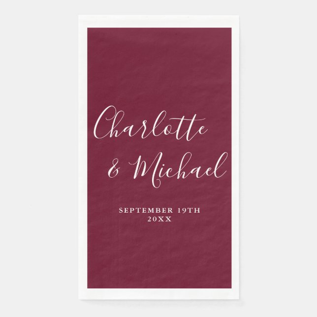 Burgundy Elegant Signature Script Hochzeit Serviette (Vorderseite)