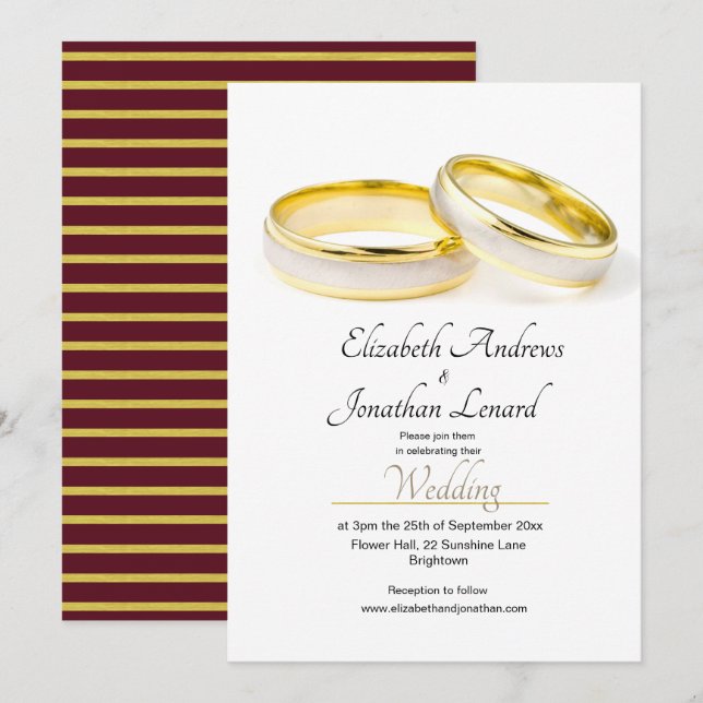 Burgundy Elegant Simple Rings Wedding Einladung (Vorne/Hinten)