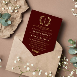 Burgundy Elegant Typografie Laurel Wreath Monogram Folieneinladung