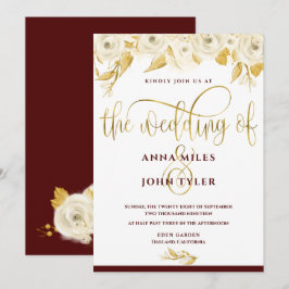 Burgundy Elegante Gold Typografie Gold Weiße Rosen Einladung
