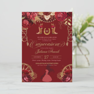 Burgundy Elegante Rose Red Gold Charro Quinceanera Einladung