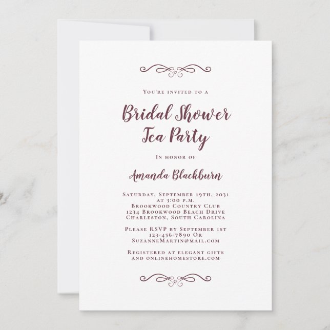 Burgundy Elegante Tea Weddings Brautparty Modernes Einladung (Vorderseite)