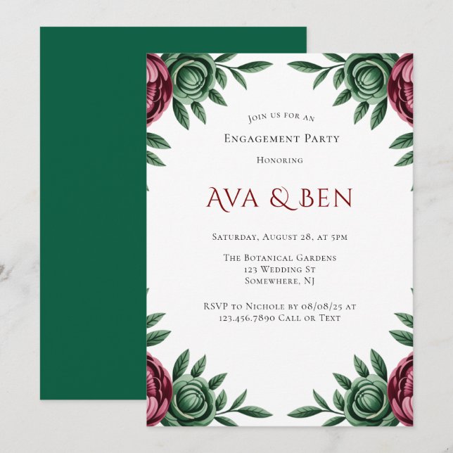 Burgundy & Emerald Peony Winter Engagement Party Einladung (Vorne/Hinten)