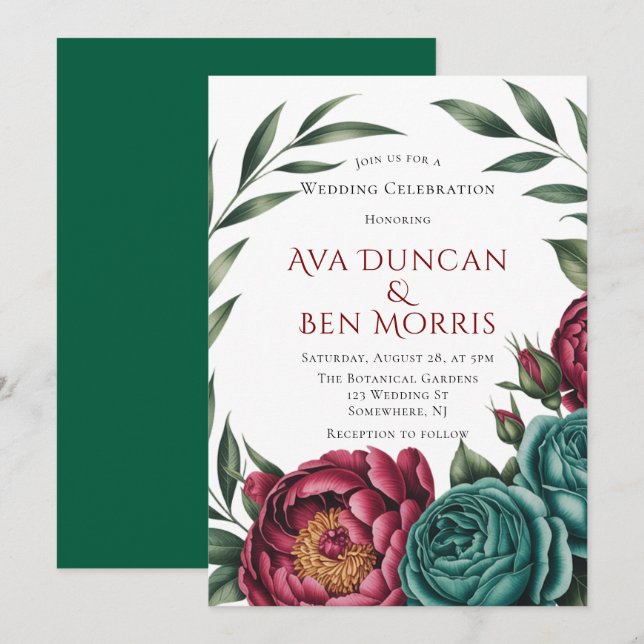 Burgundy & Emerald Peony Winter Wedding Einladung (Vorne/Hinten)