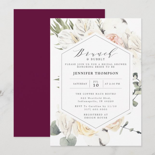Burgundy Eucalyptus Floral Geometrisches Brautpart Einladung (Vorne/Hinten)