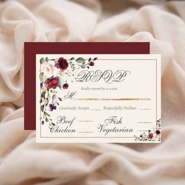 Burgundy Eucalyptus Floral Wedding RSVP Karte (Von Creator hochgeladen)