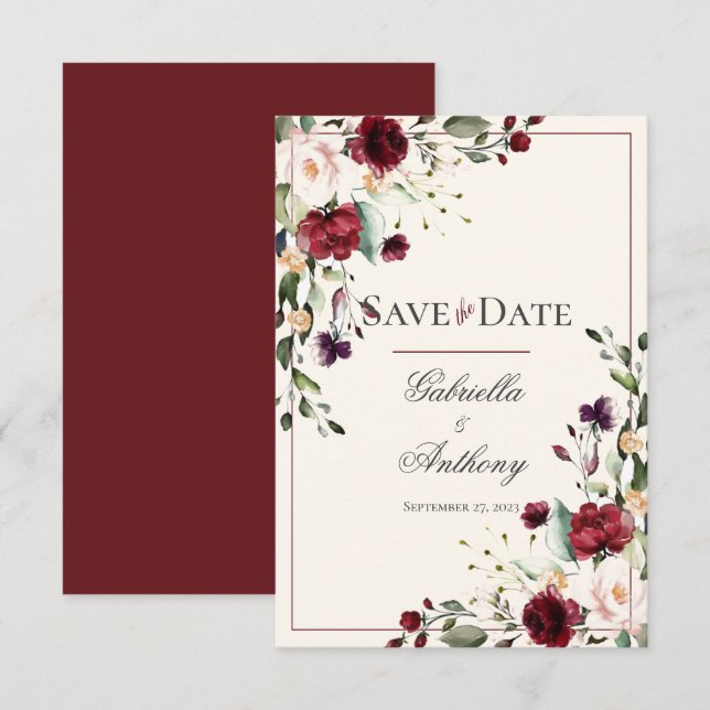 Burgundy Eukalyptus Floral Wedding Save the Date (Vorne/Hinten)