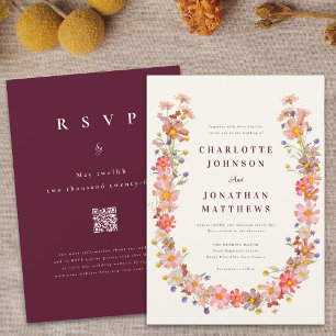 Burgundy Fall Boho Rustic Floral QR Code Hochzeit Einladung