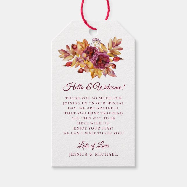 Burgundy Fall Bouquet Elegante Hochzeit Willkommen Geschenkanhänger (Vorderseite)
