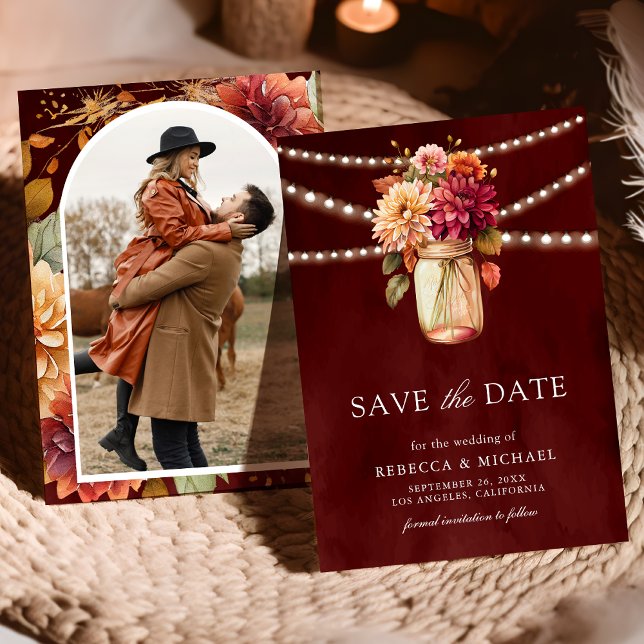 Burgundy Fall Dahlia Mason Jar Foto Wedding Save The Date (Von Creator hochgeladen)