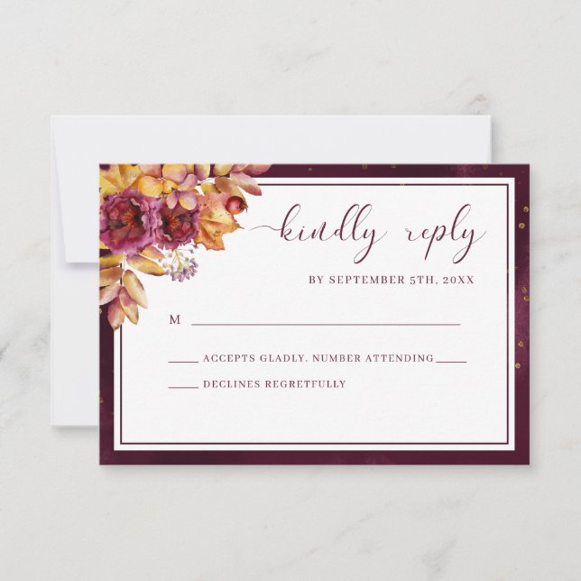 Burgundy Fall Floral Elegant Bold Wedding RSVP Karte (Vorderseite)