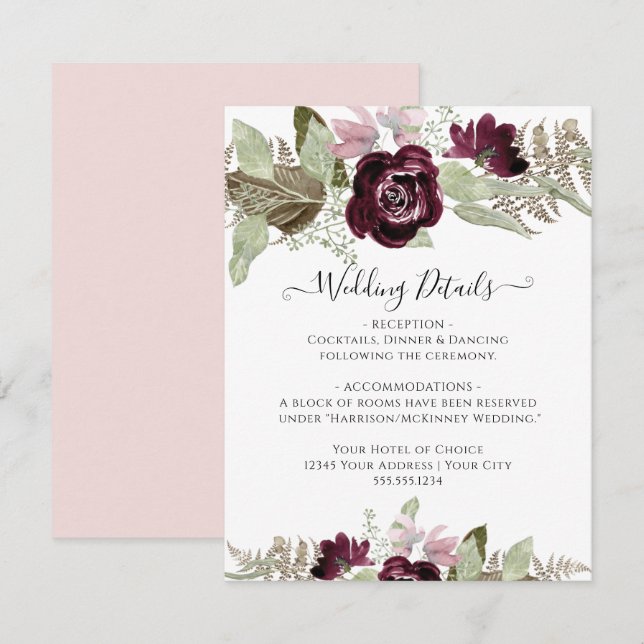 Burgundy Fall Floral Eleganter Blush Hochzeitsdeta Einladung (Vorne/Hinten)