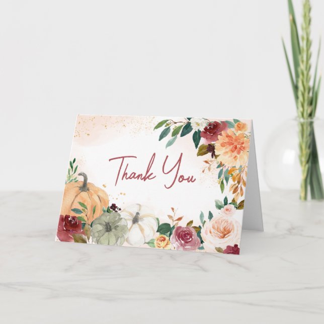 Burgundy Fall Floral Pumpkin Baby Dusche Dankeskarte (Vorderseite)