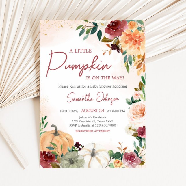 Burgundy Fall Floral Pumpkin Baby Dusche Einladung (Fall Floral Pumpkin Baby Shower Invitation)