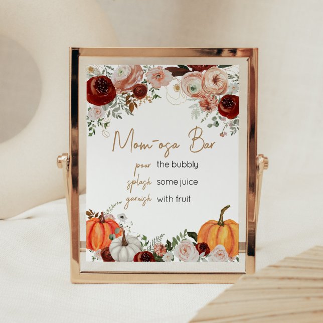 Burgundy Fall Floral Pumpkin Mama Osa Bar Poster (Fall Floral Pumpkin Baby Shower Mom Osa Bar Sign)
