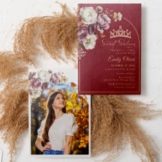 Burgundy Fall Floral Sweet 16 Foto Real Folieneinladung