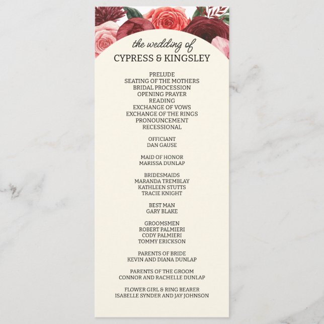 Burgundy Fall Floral Wedding Program Programm (Vorderseite)